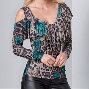 COLD SHOULDER PRINT TOP - BROWN MULTI